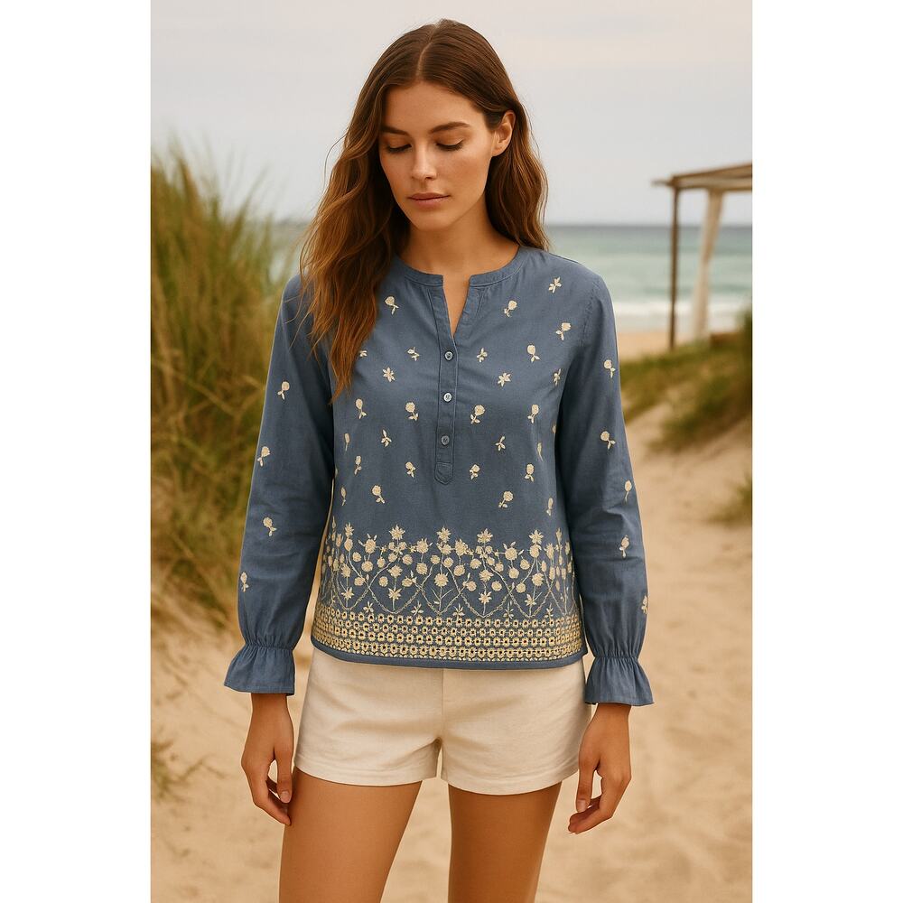 J. Crew Peasant Boho Shirt Blue White embroidery‎ Size Med Long Sleeve